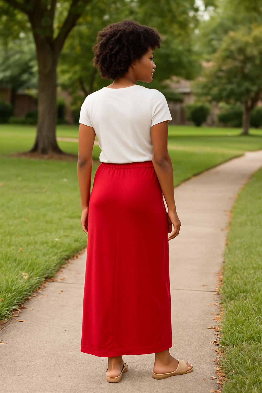 Woman wearing a white shirt and red skirt walking on a sidewalk in a park.