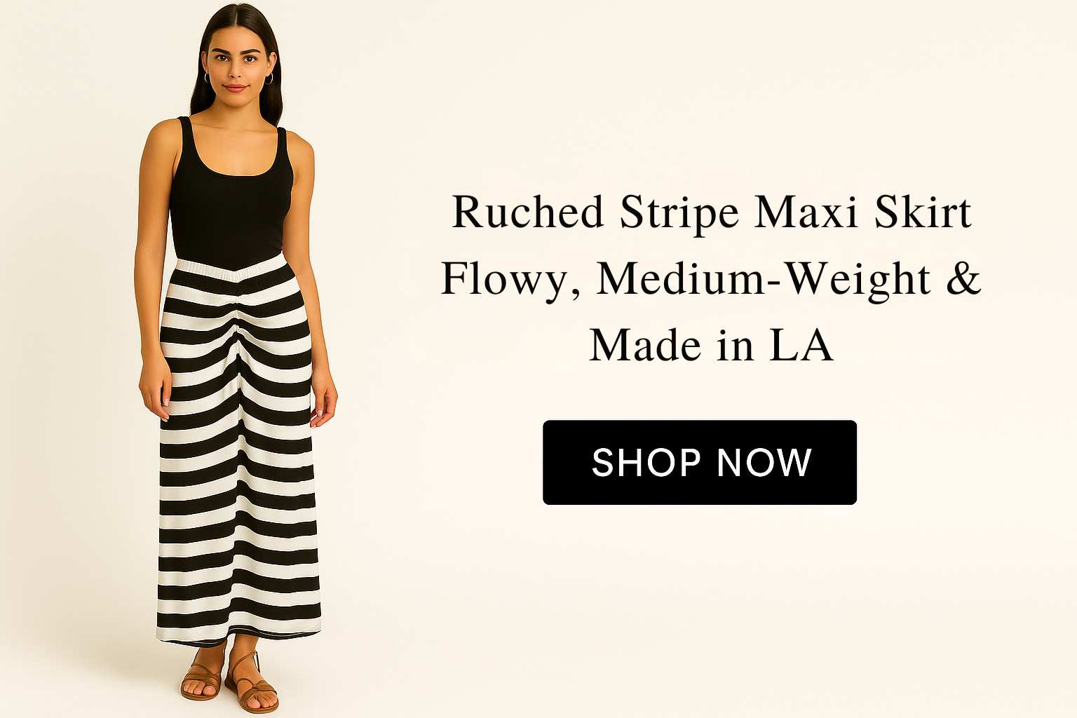 Woman wearing a black and white ruched stripe maxi skirt with text about the product on a beige background.
